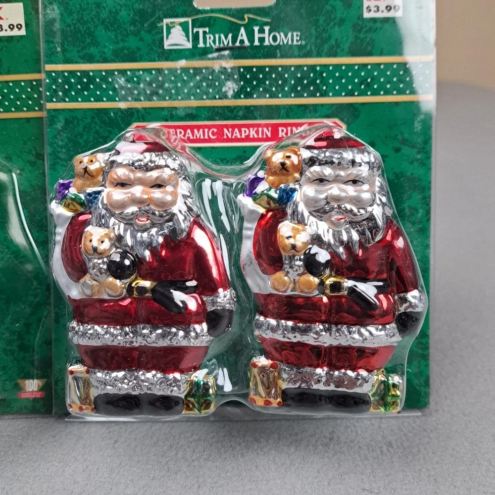 Vintage Ceramic Santa Napkin Rings Lot Of 4 Holiday Tableware Allure 90s NEW NOS